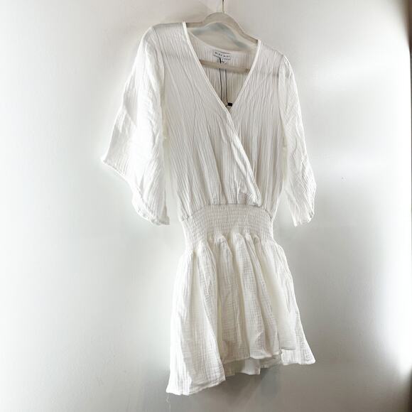 Miou Muse 3/4 Sleeve Surplice V-Neck Cover-Up Mini Dress Gauze White Small - Picture 7 of 8